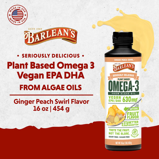 Barlean's Ginger Peach on a spoon, convenient daily omega-3 option.