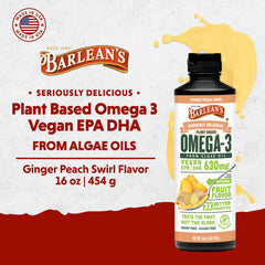Barlean's Ginger Peach on a spoon, convenient daily omega-3 option.