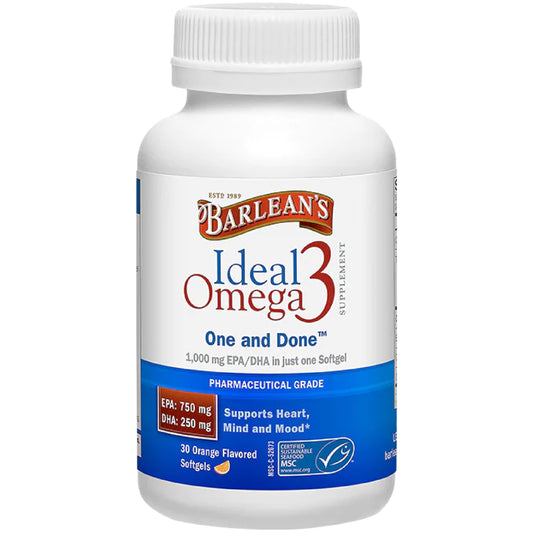 Barlean's Ideal Omega 3 Softgel bottle shows orange flavor and daily use benefits.