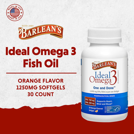Closeup of Barlean's Ideal Omega 3 Softgel capsule highlighting 1000mg potency.