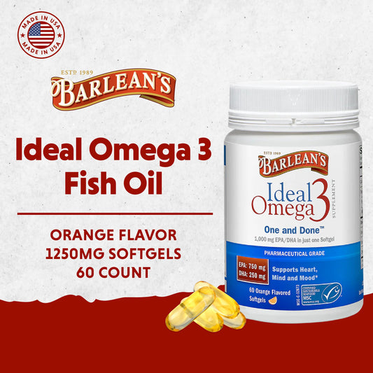 Barlean's Ideal Omega-3 with orange flavor, easy swallow for active lifestyles.