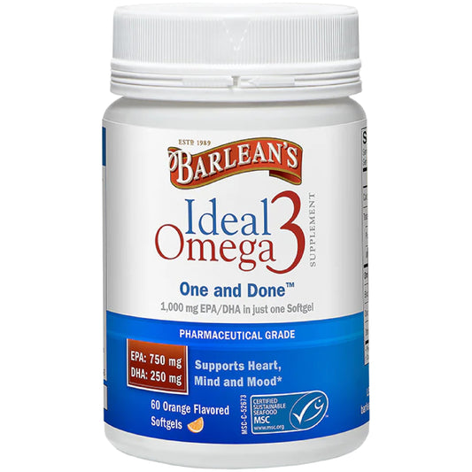 Barlean's Ideal Omega-3 softgel bottle on shelf, convenient daily dose for heart and brain support.