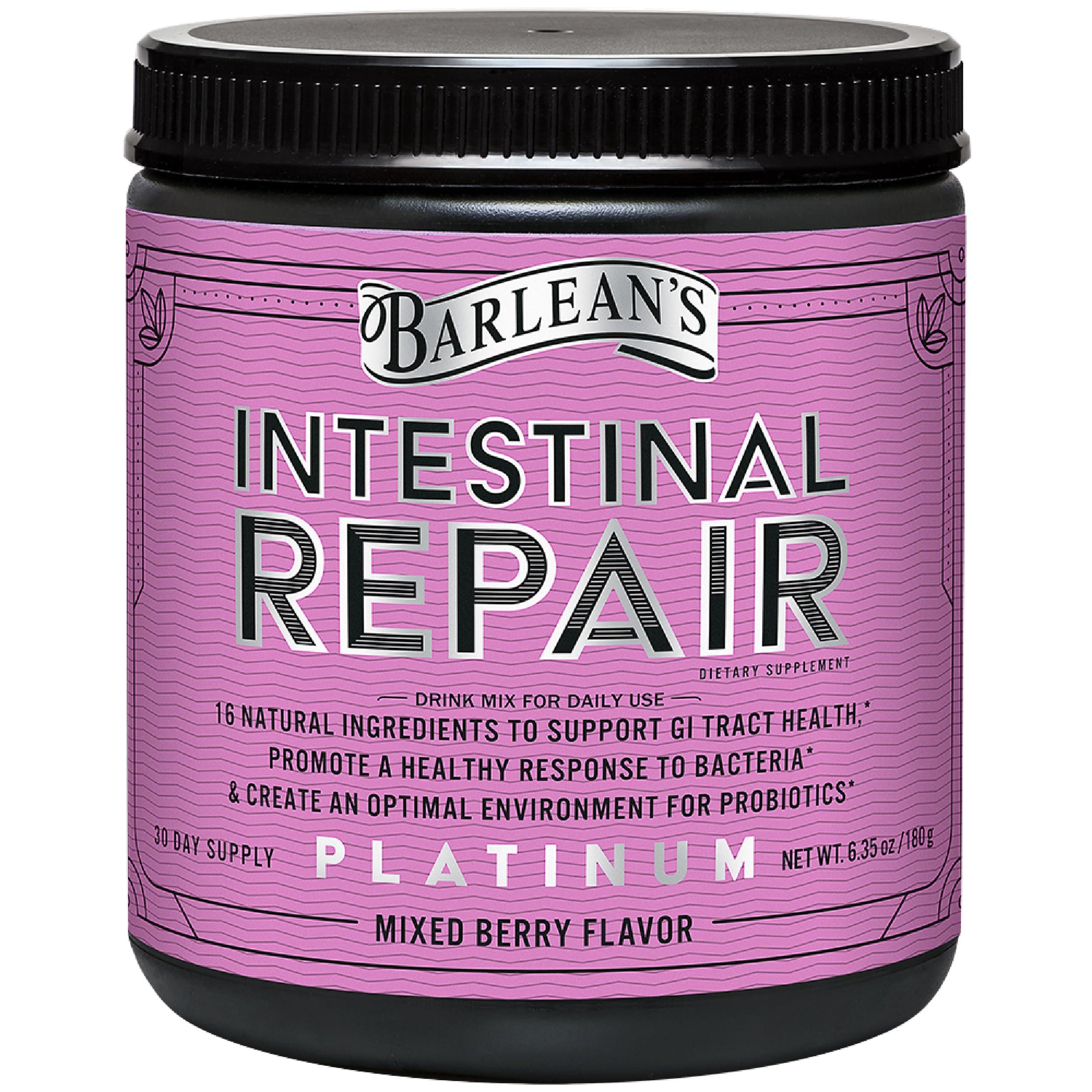 Barlean's Intestinal Repair powder bottle promoting daily gut health and balance.