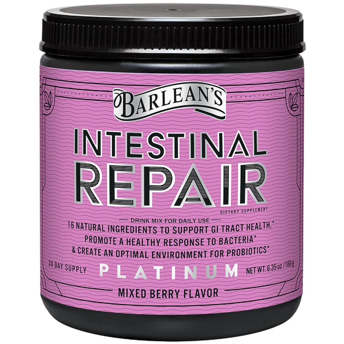 Barlean's Intestinal Repair powder bottle promoting daily gut health and balance.