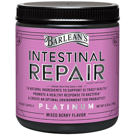 Barlean's Intestinal Repair powder bottle promoting daily gut health and balance.
