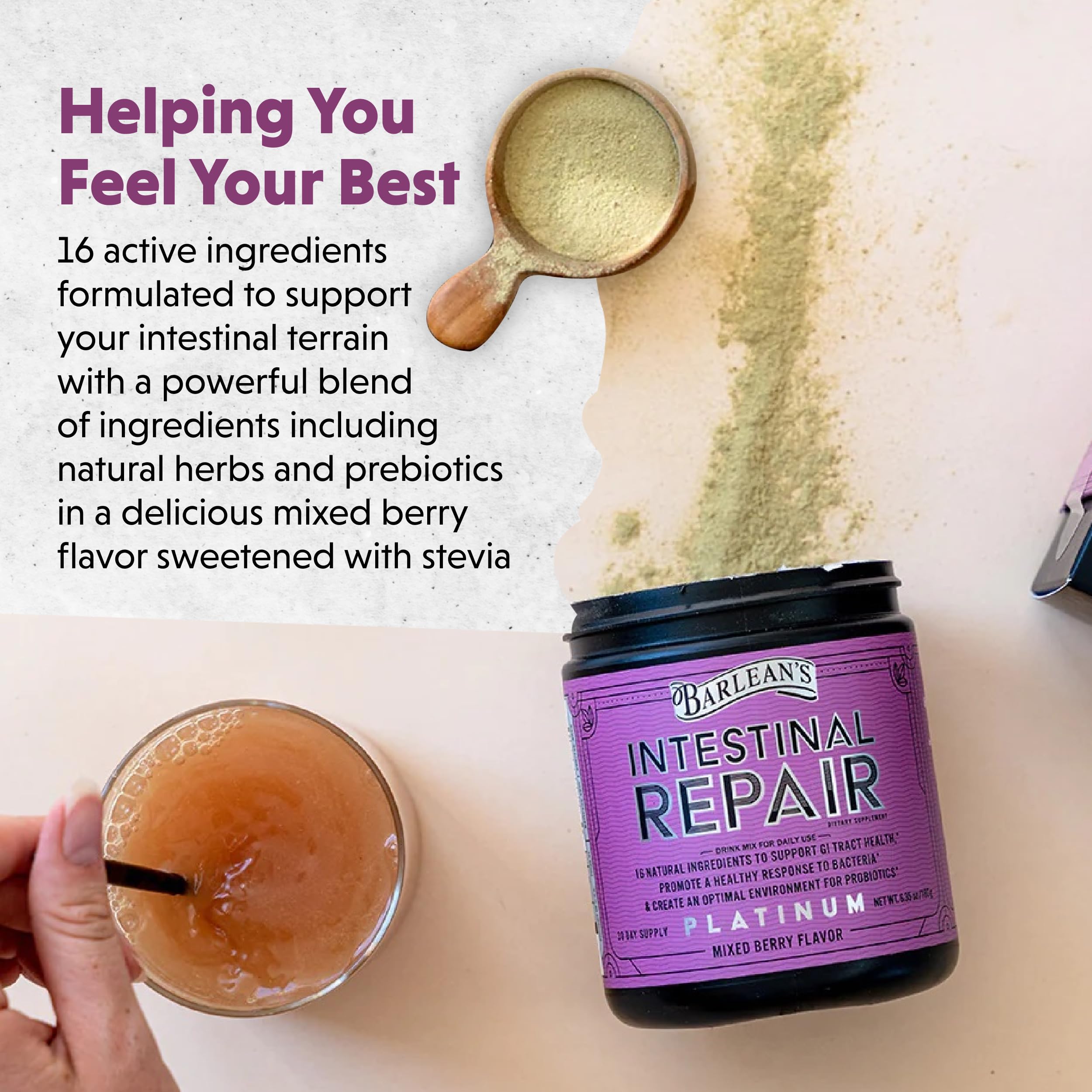 Barlean's Intestinal Repair powder dissolving in water for a soothing drink.