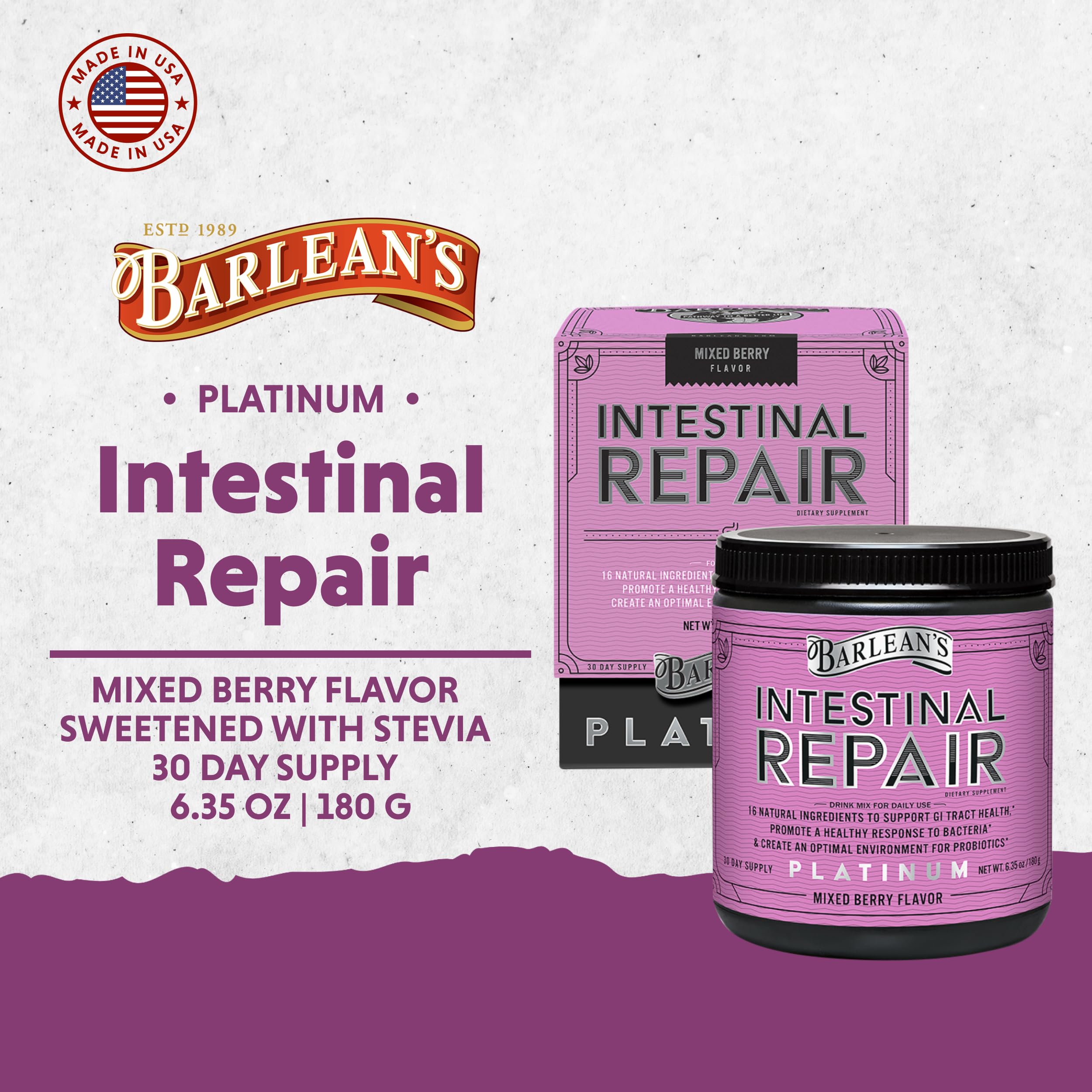 Barlean's Intestinal Repair mixed berry smoothie with digestive support flavor.