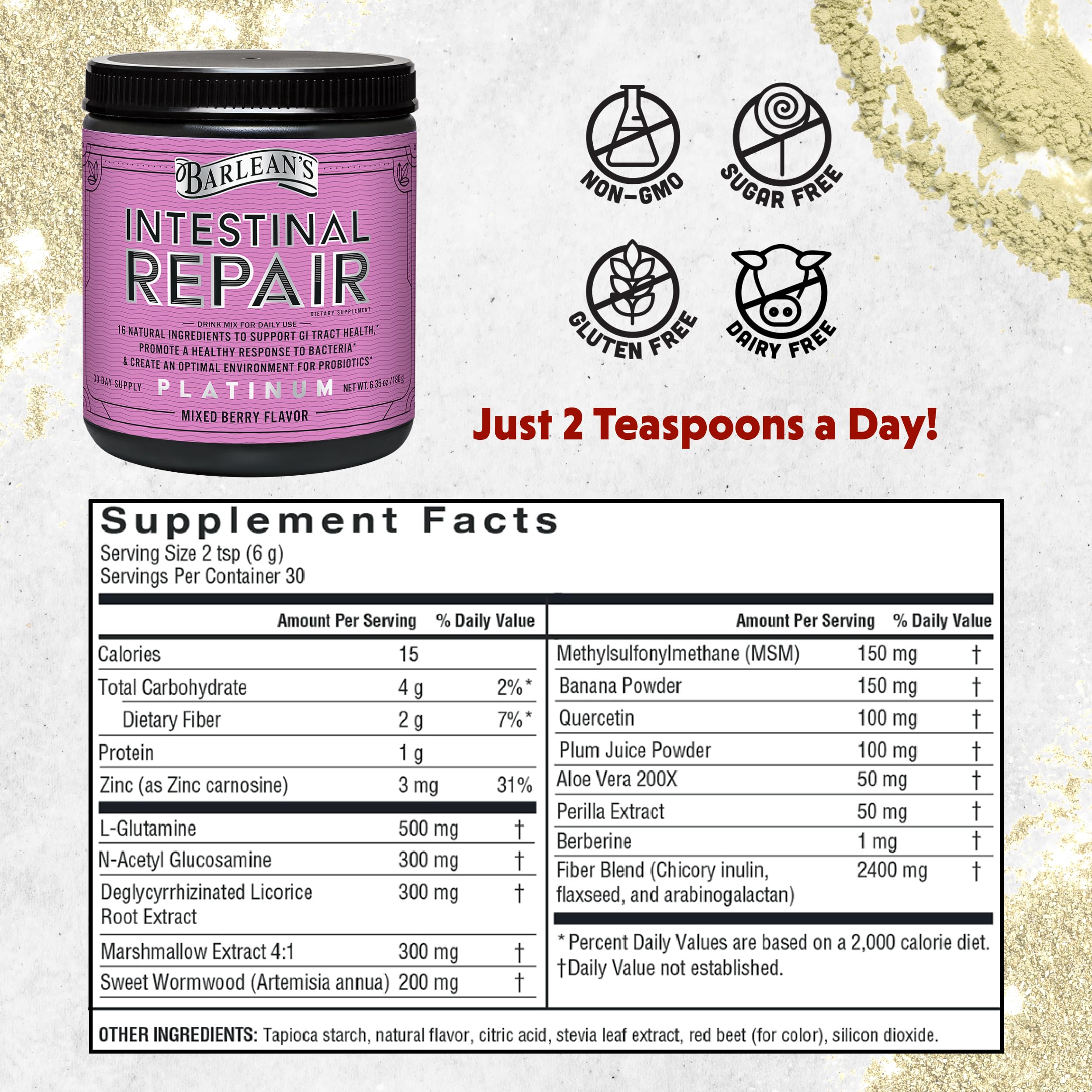 Barlean's Intestinal Repair powder scoop showing easy daily dosing.