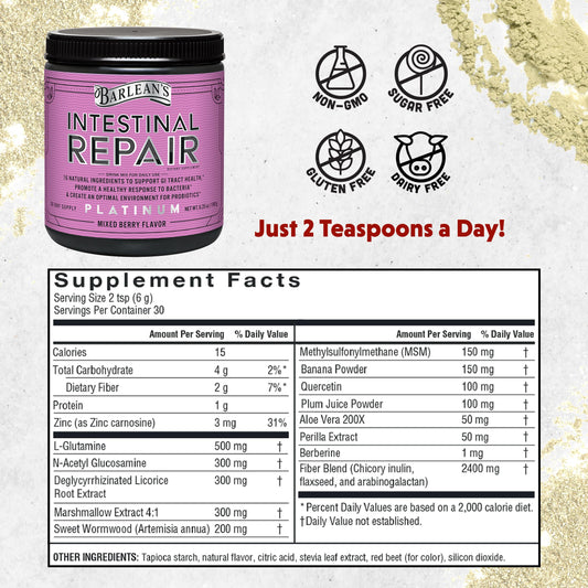 Barlean's Intestinal Repair powder scoop showing easy daily dosing.