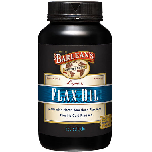 Barlean's Lignan Flaxseed Oil softgels bottle front displaying label for omega-3 support