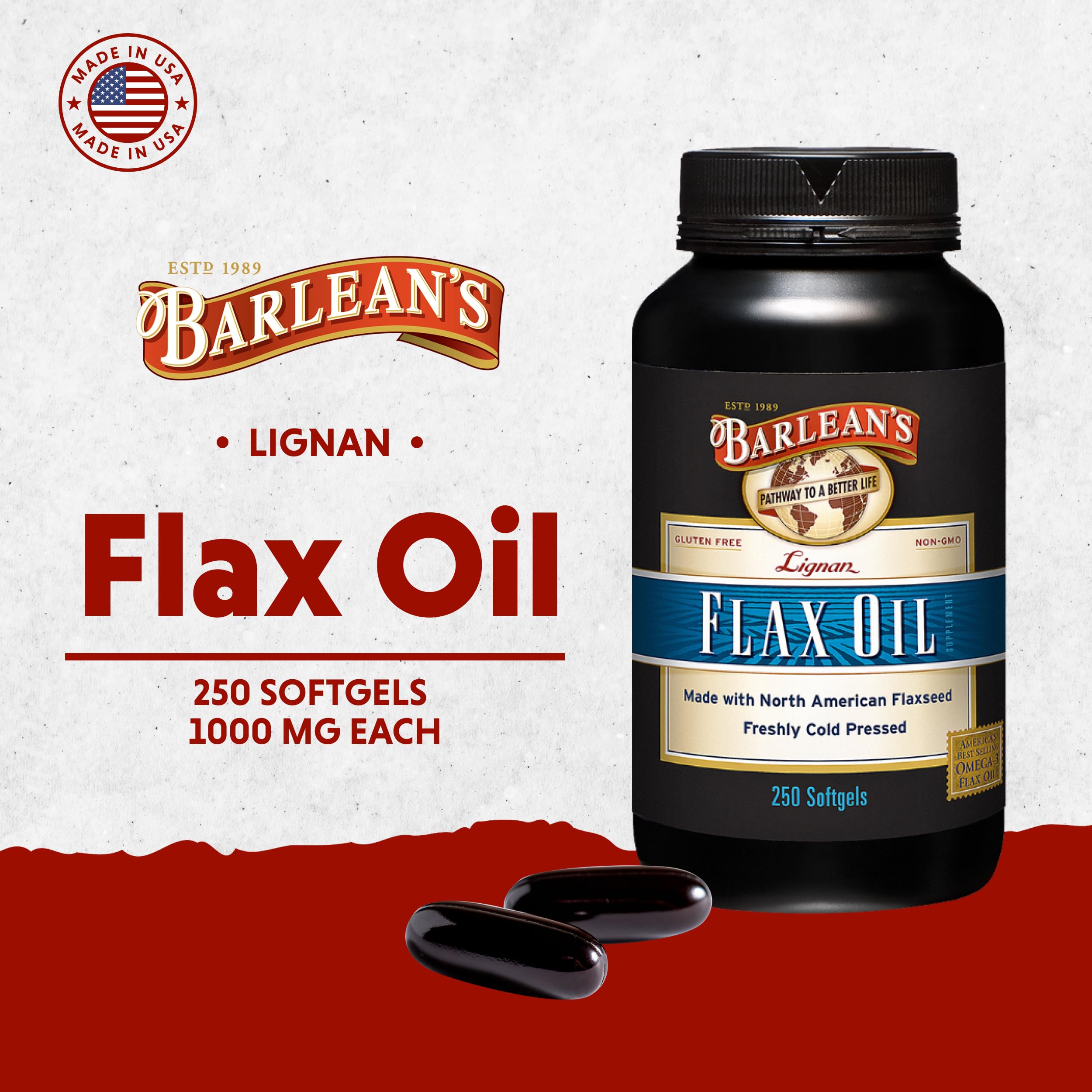 Barlean's Lignan Flaxseed Oil softgels capsules closeup showing 1000 mg per pill