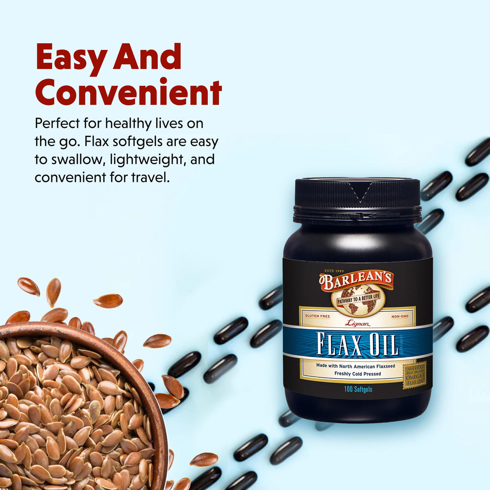 Barlean's Lignan Flaxseed Oil softgels label detail highlighting cold-pressed flaxseed oil