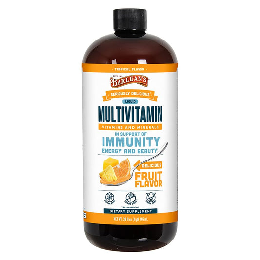 Barlean's tropical liquid multivitamin bottle ready to add to smoothies for daily energy.