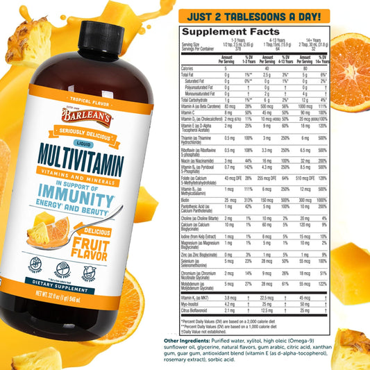 Pouring Barlean's liquid multivitamin into yogurt for quick, nourishing breakfast.