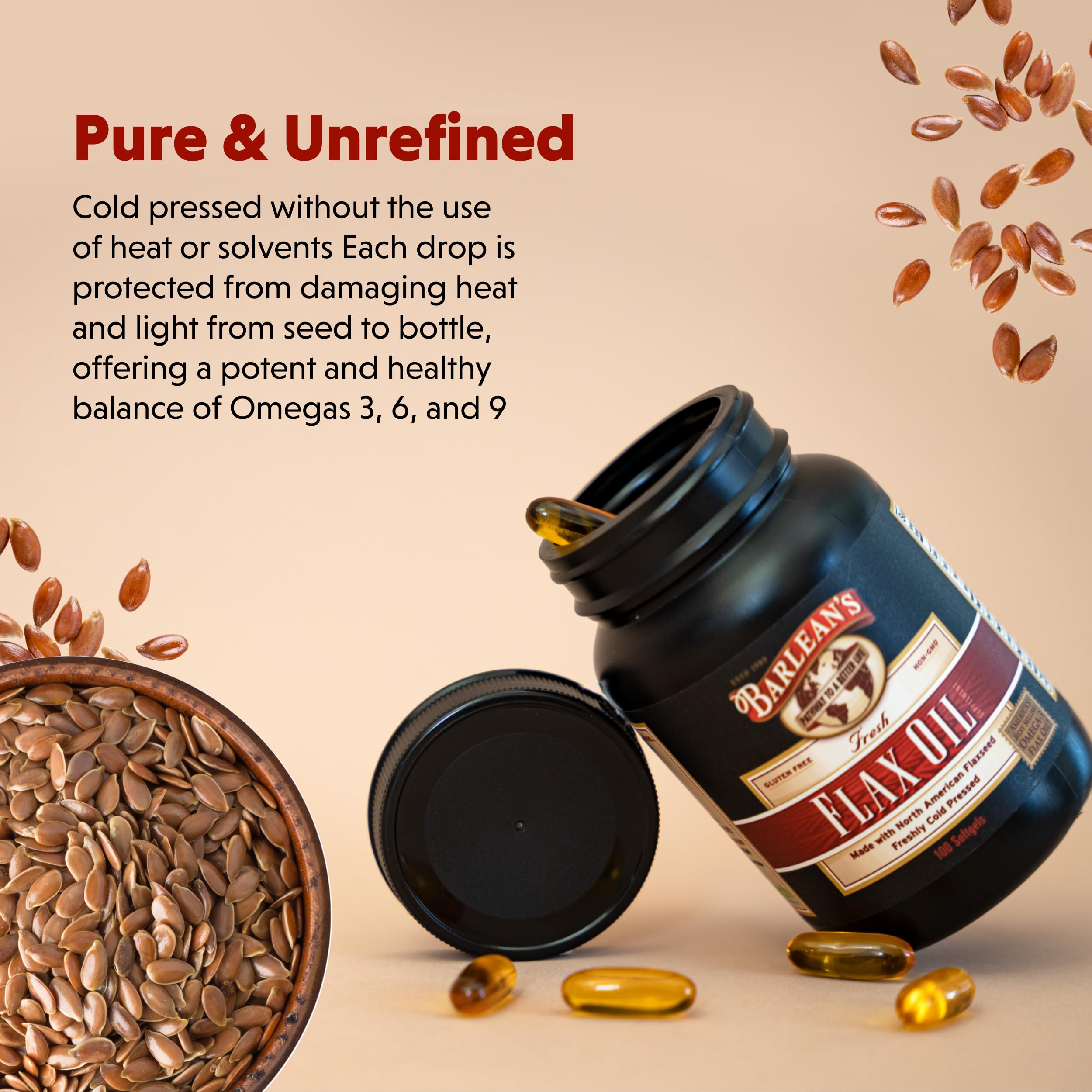 Barlean's non-GMO flax seeds image suggests gluten-free, quality nutrition