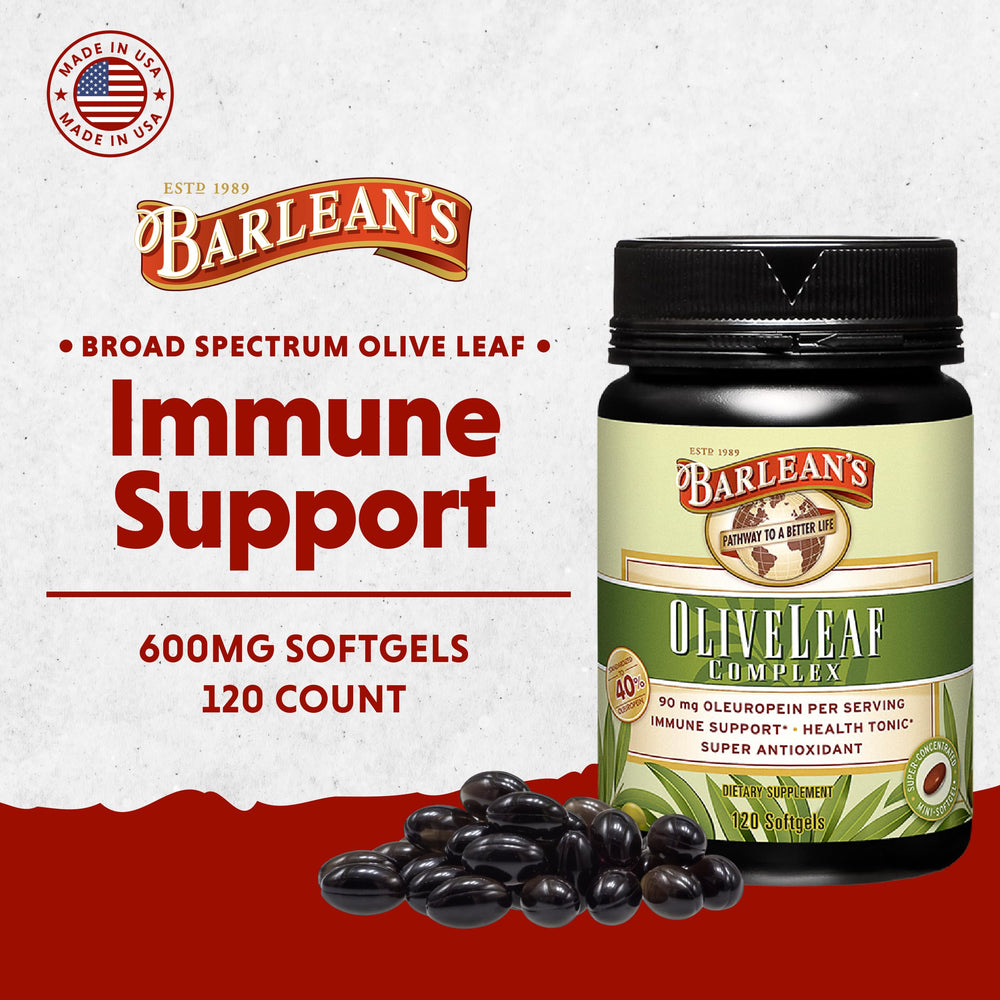 Barlean's Olive Leaf Complex bottle back shows 40% oleuropein potency.