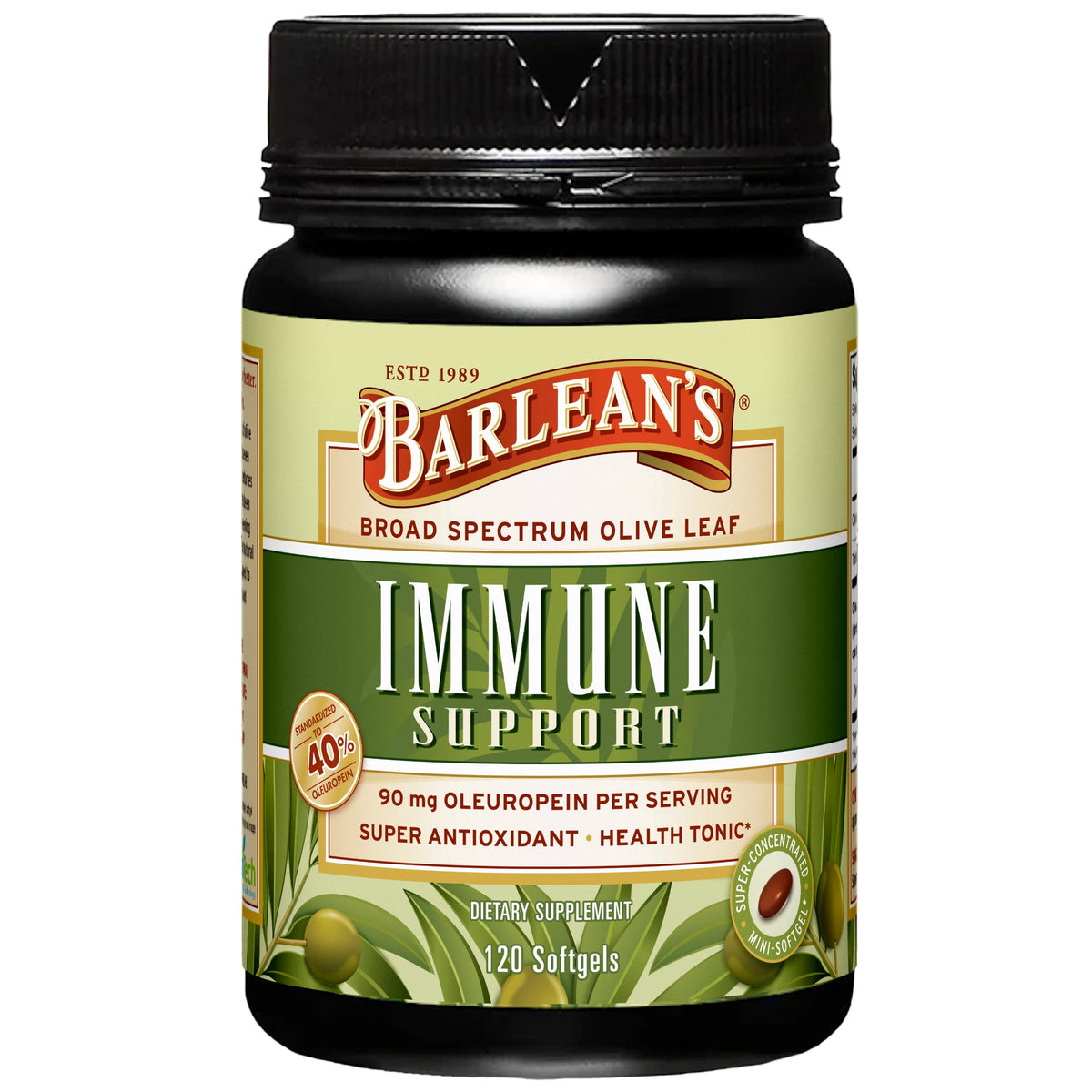 Barlean's Olive Leaf Complex bottle front for daily immune support.
