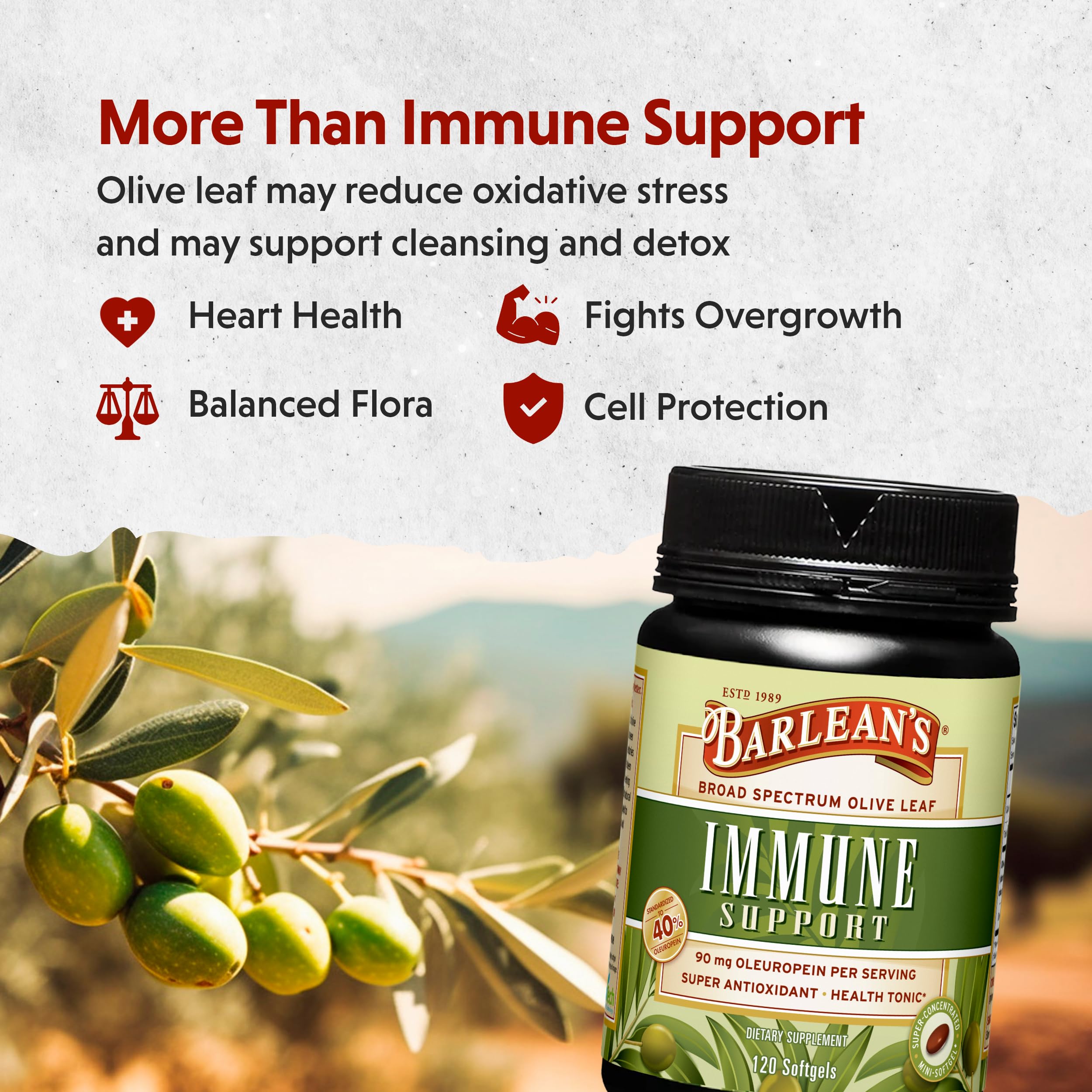 Barlean's Olive Leaf Complex cap closeup highlighting freshness.