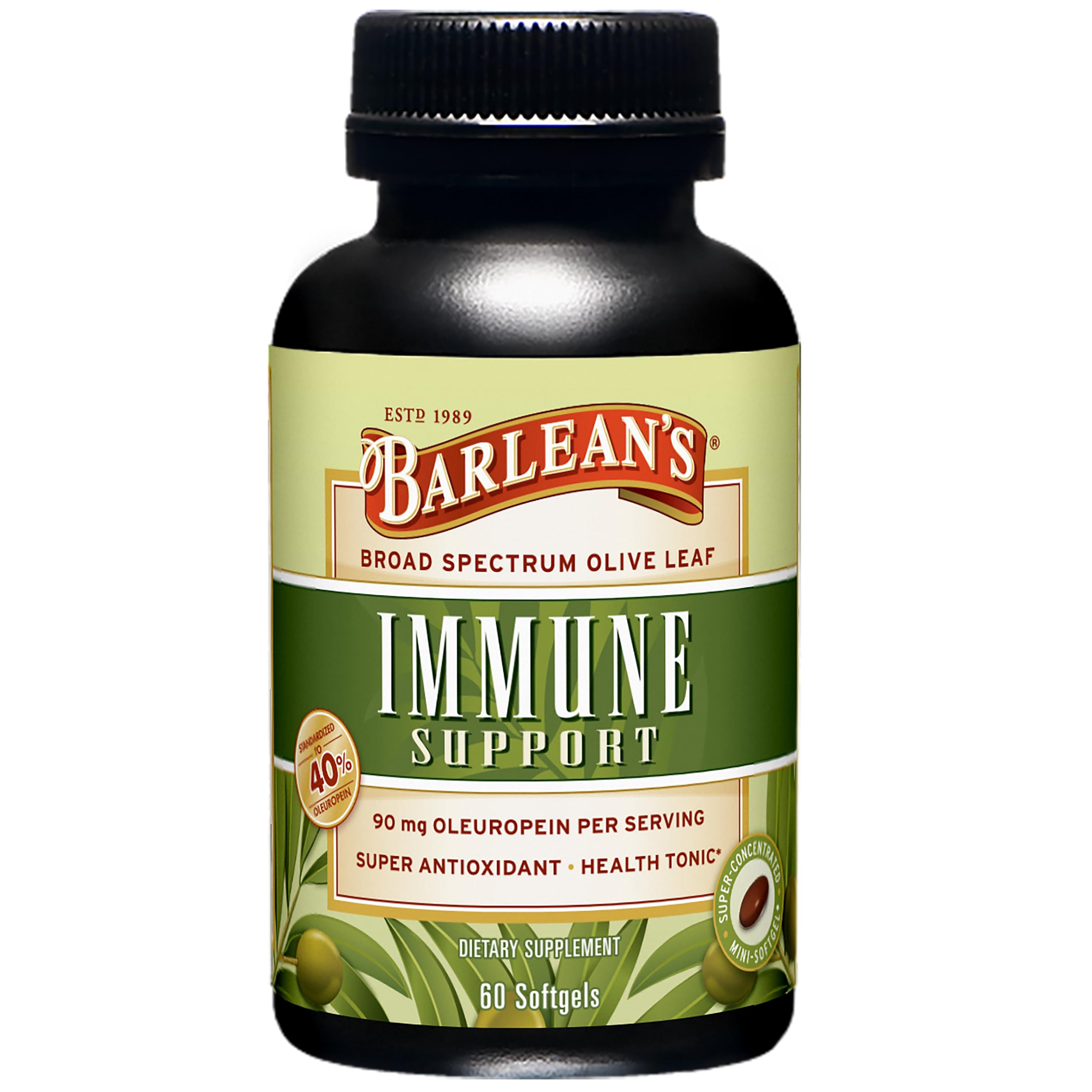 Barlean's Olive Leaf Complex softgel bottle highlighting immune support potential