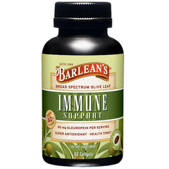 Barlean's Olive Leaf Complex softgel bottle highlighting immune support potential