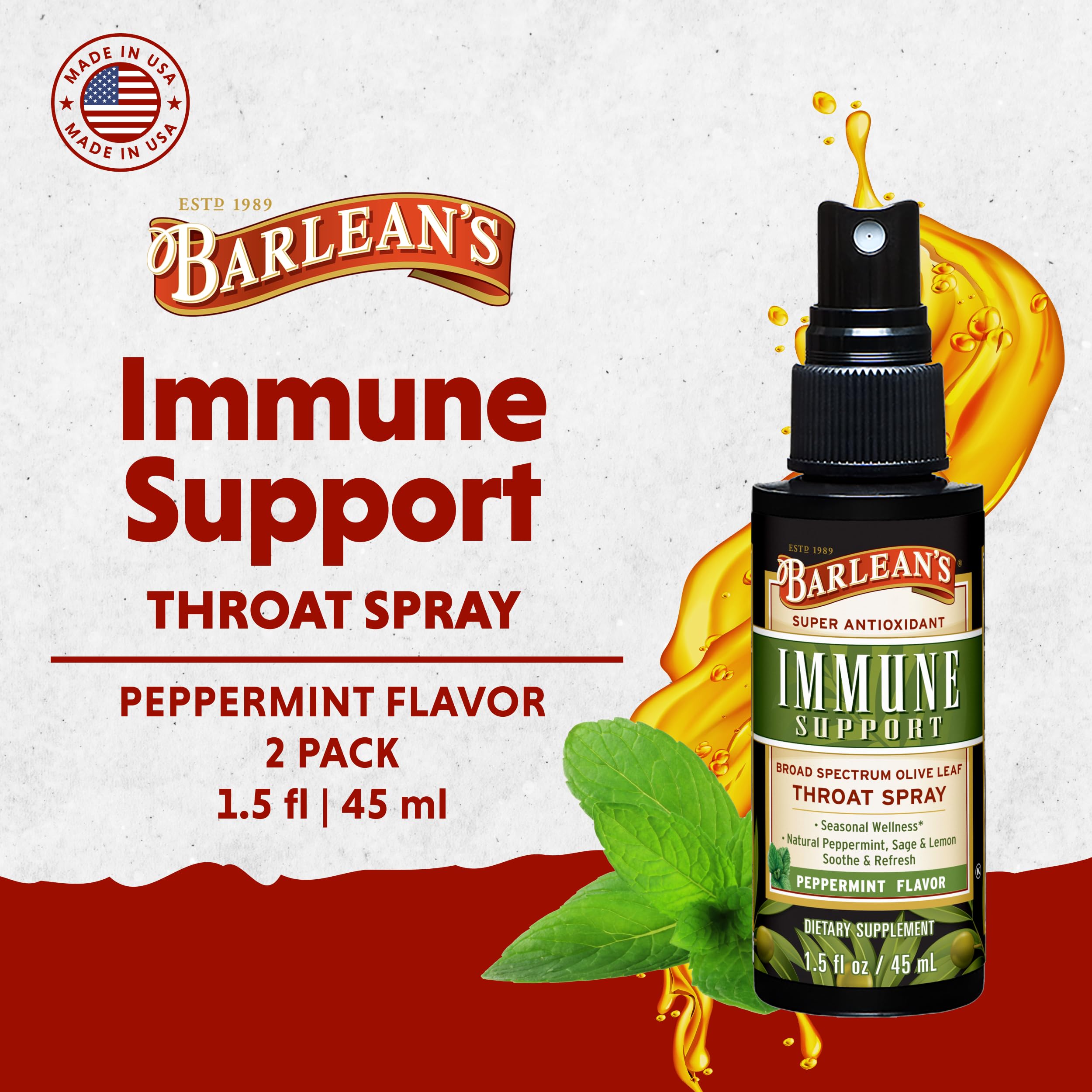 Barlean's olive leaf spray back-of-throat application highlights quick soothing relief on-the-go.
