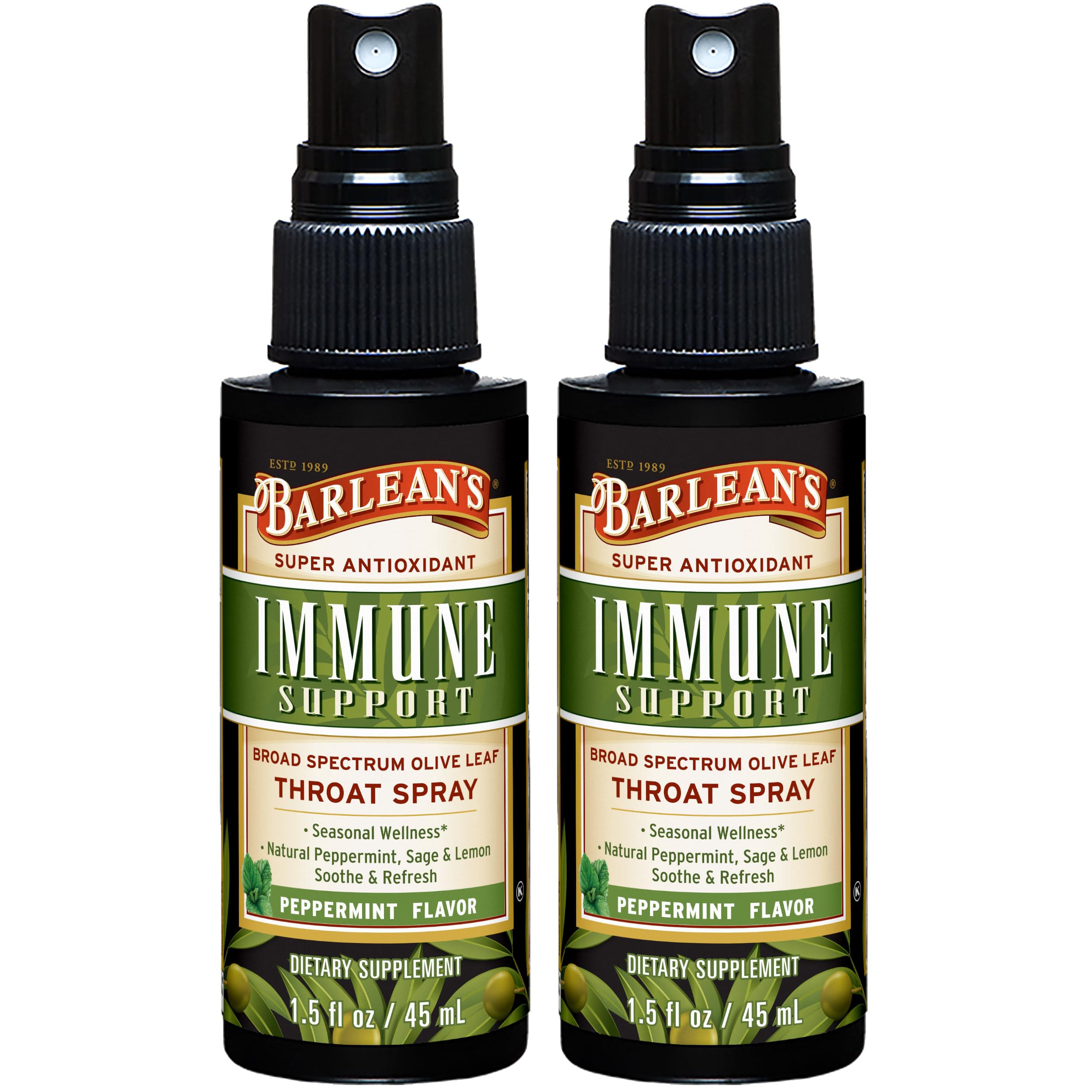 Barlean's Olive Leaf Complex Throat Spray bottle front showing a refreshing immune support option.
