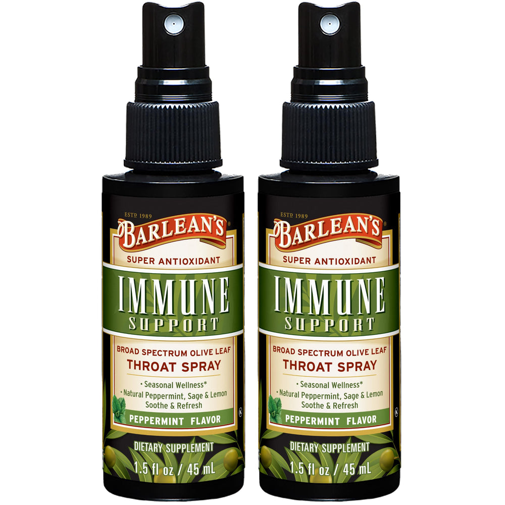 Barlean's Olive Leaf Complex Throat Spray bottle front showing a refreshing immune support option.