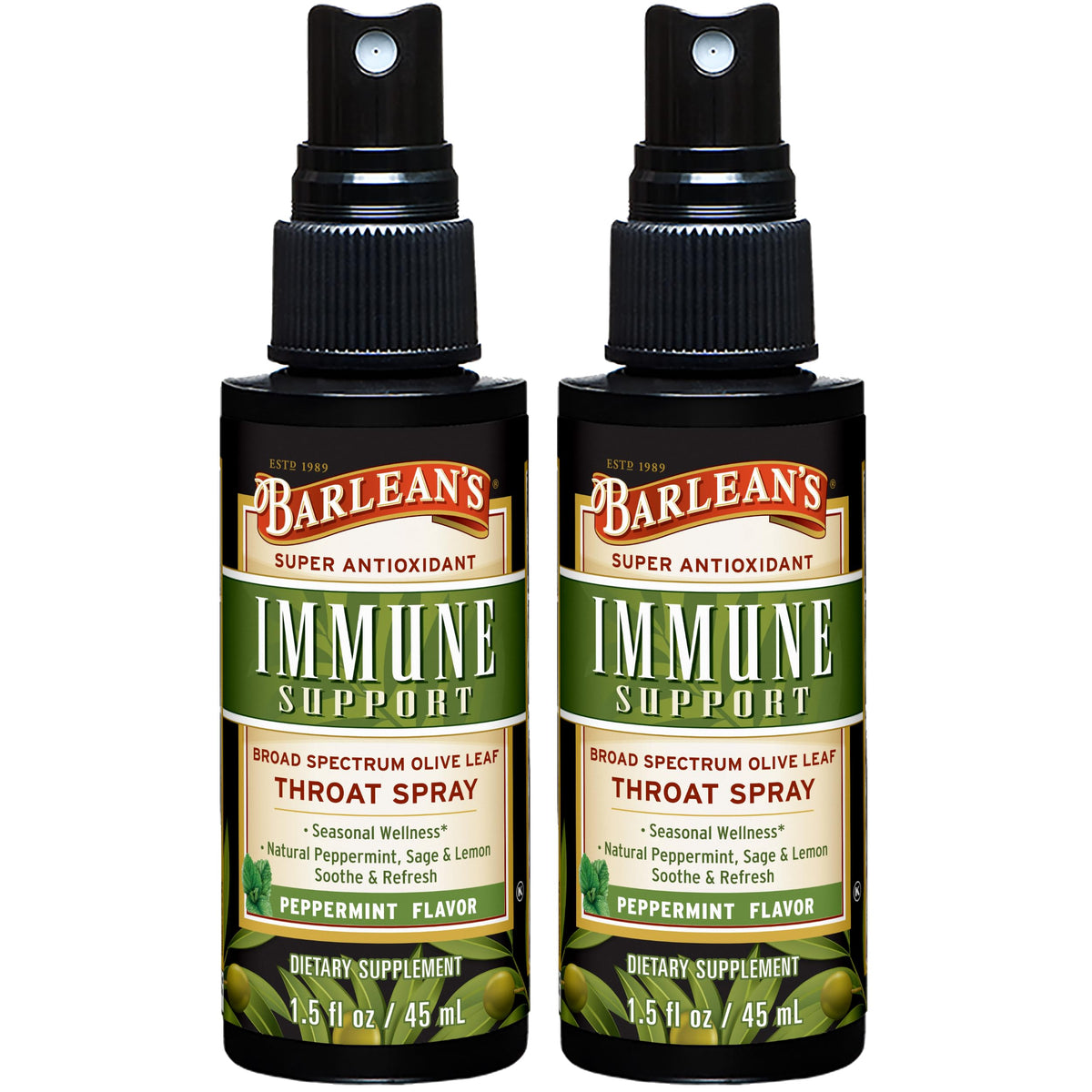 Barlean's Olive Leaf Complex Throat Spray bottle front showing a refreshing immune support option.