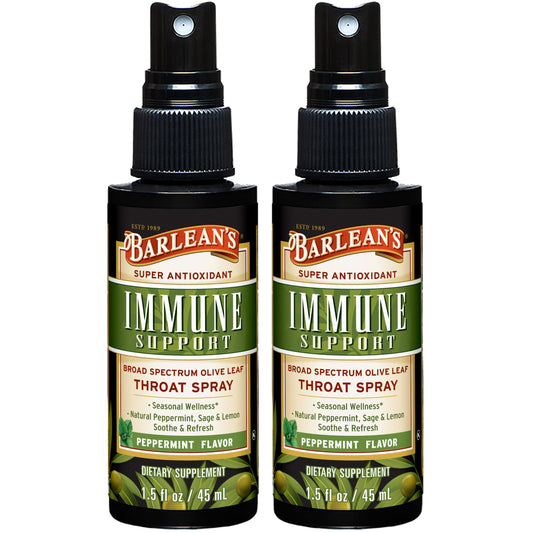 Barlean's Olive Leaf Complex Throat Spray bottle front showing a refreshing immune support option.