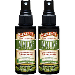 Barlean's Olive Leaf Complex Throat Spray bottle front showing a refreshing immune support option.