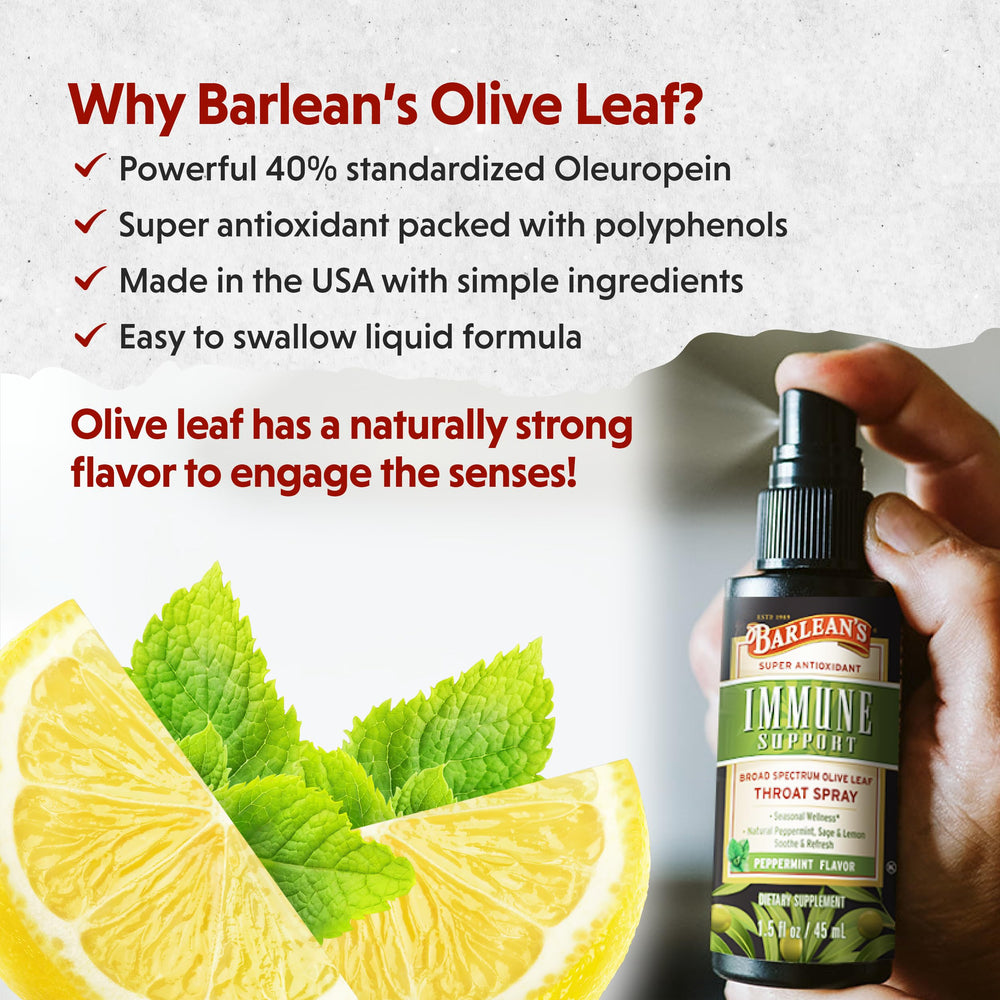 Barlean's Olive Leaf Complex ingredients image emphasizes olive leaf potency and polyphenol richness.