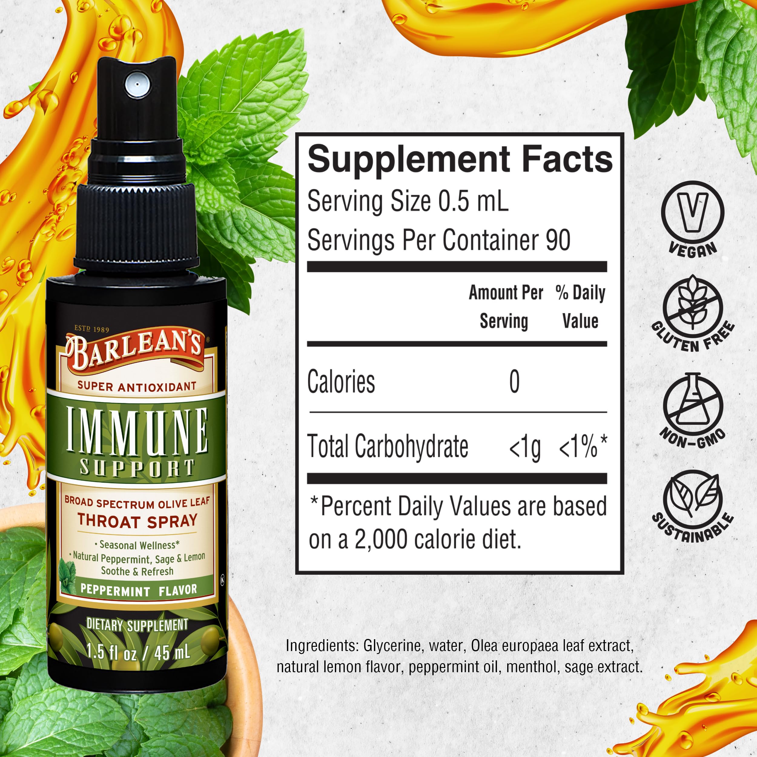 Barlean's spray with lemon provides citrus lift and refreshing flavor during use.