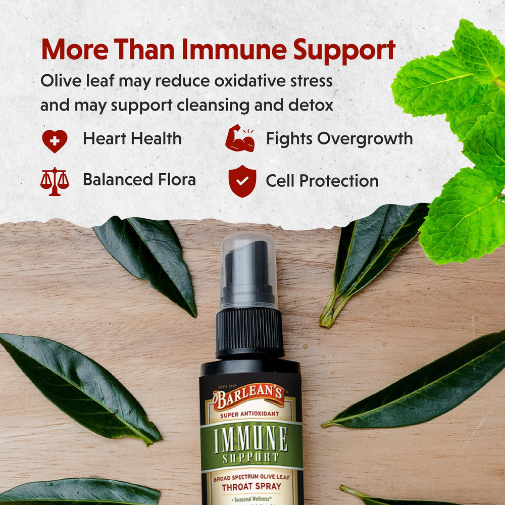 Barlean's throat spray featuring peppermint evokes refreshing, cooling sensation for throat comfort.