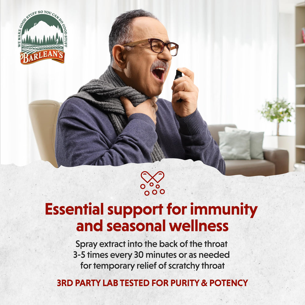 Barlean's throat spray with sage offers herbal notes for soothing moments.