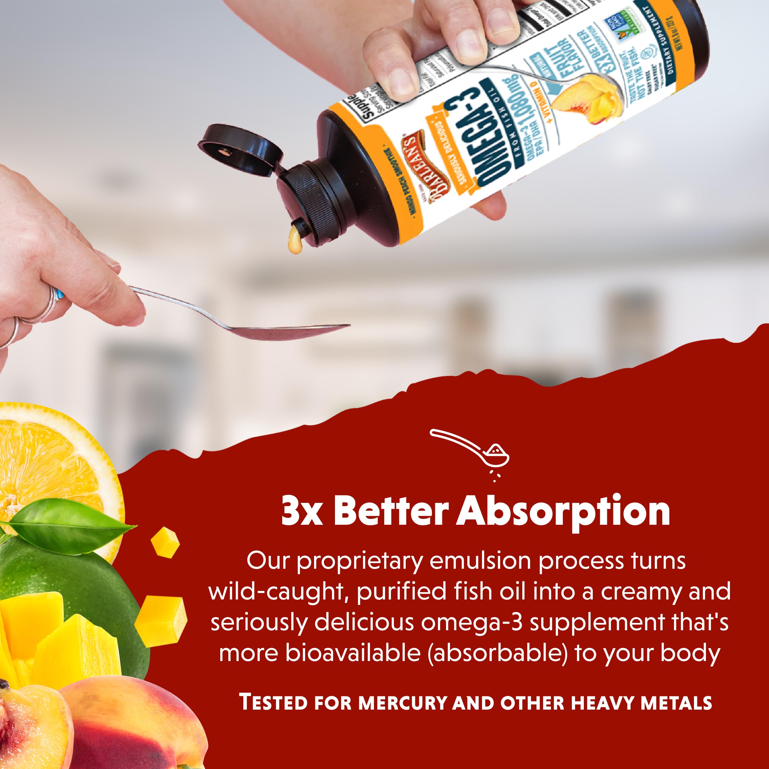 Barlean's Omega-3 spoon serving demonstrates burpless, kid-friendly daily dosing.