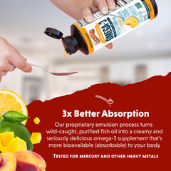 Barlean's Omega-3 spoon serving demonstrates burpless, kid-friendly daily dosing.