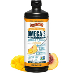 Barlean's Omega-3 Mango Peach bottle showing vitamin D3 content and flavor appeal