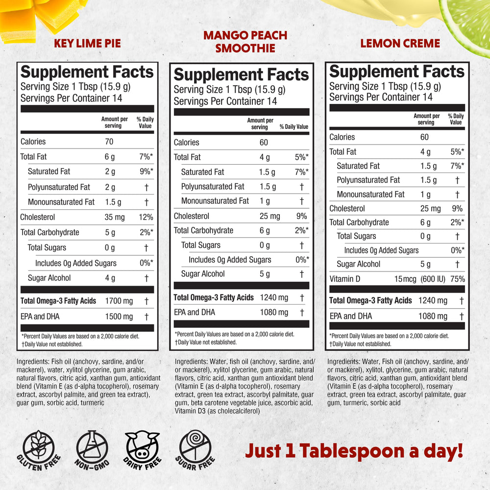 Barlean's Omega-3 key lime pie bottle highlights fruity flavor for picky eaters.