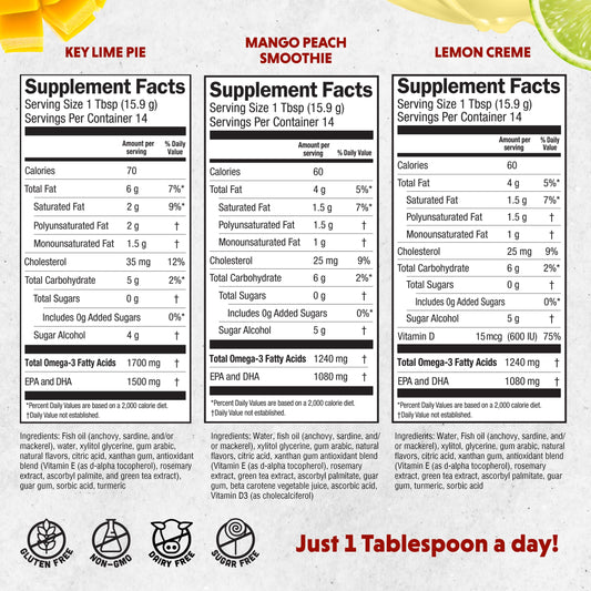 Barlean's Omega-3 key lime pie bottle highlights fruity flavor for picky eaters.