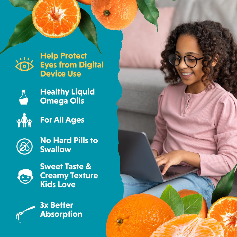 Daily dosing spoonful of Barlean's Omega-3 Kids Liquid next to yogurt