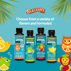Closeup of Barlean's Omega-3 Kids Liquid label with allergen free features