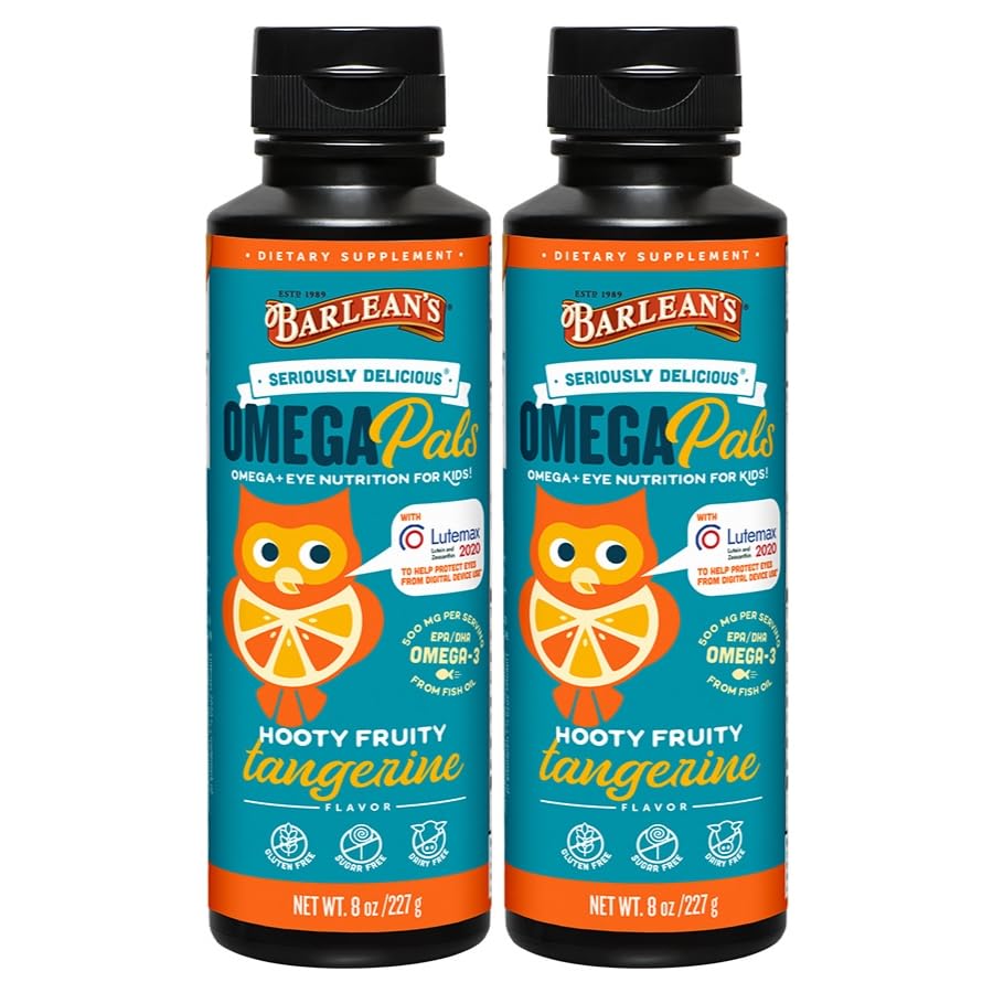 Barlean's Omega-3 Kids Liquid Tangerine bottle shown for daily kid use