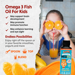 Spoon with Barlean's Omega-3 Kids Liquid Tangerine flavor for easy dosing
