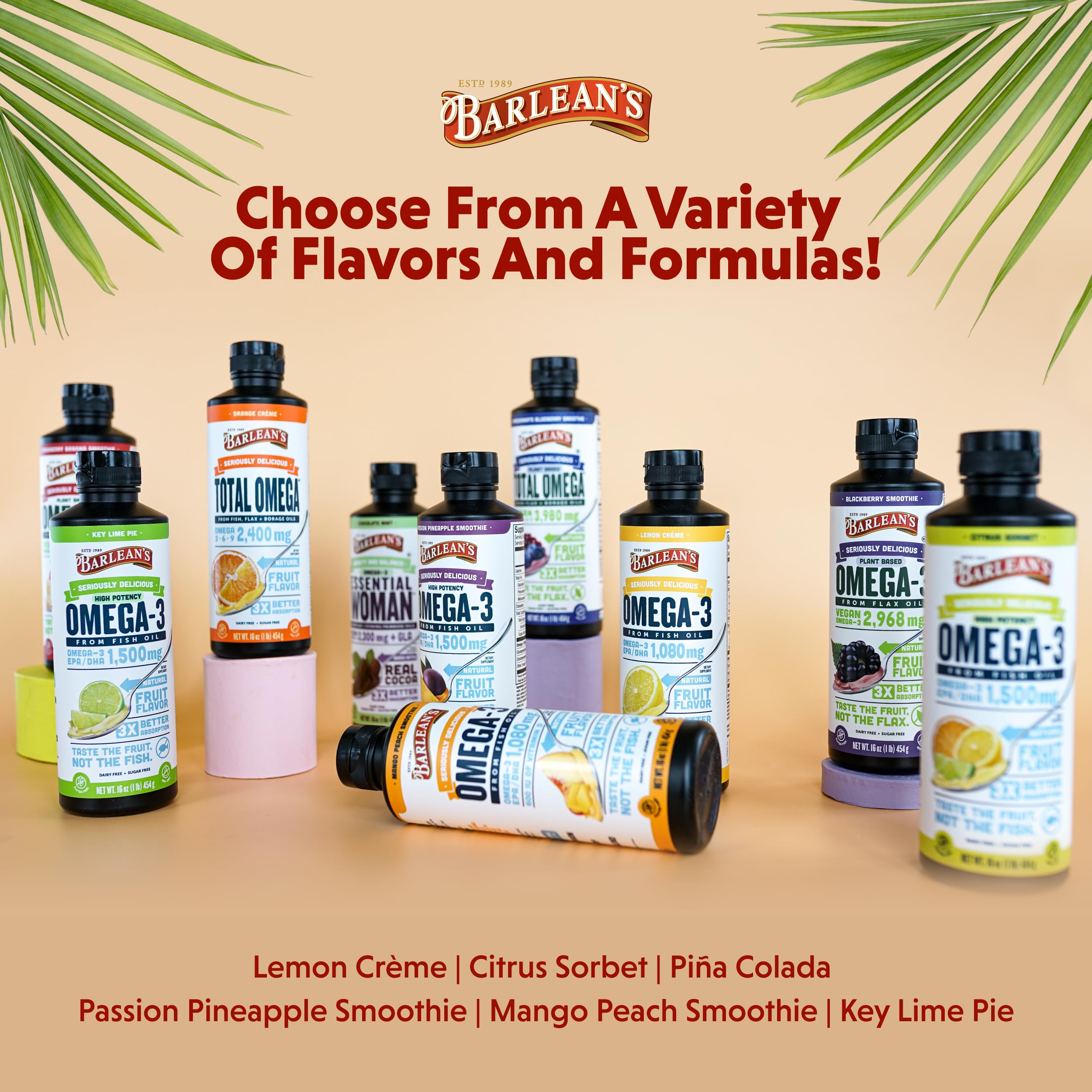 Non-GMO, dairy-free, sugar-free Barlean's Omega-3 label detail