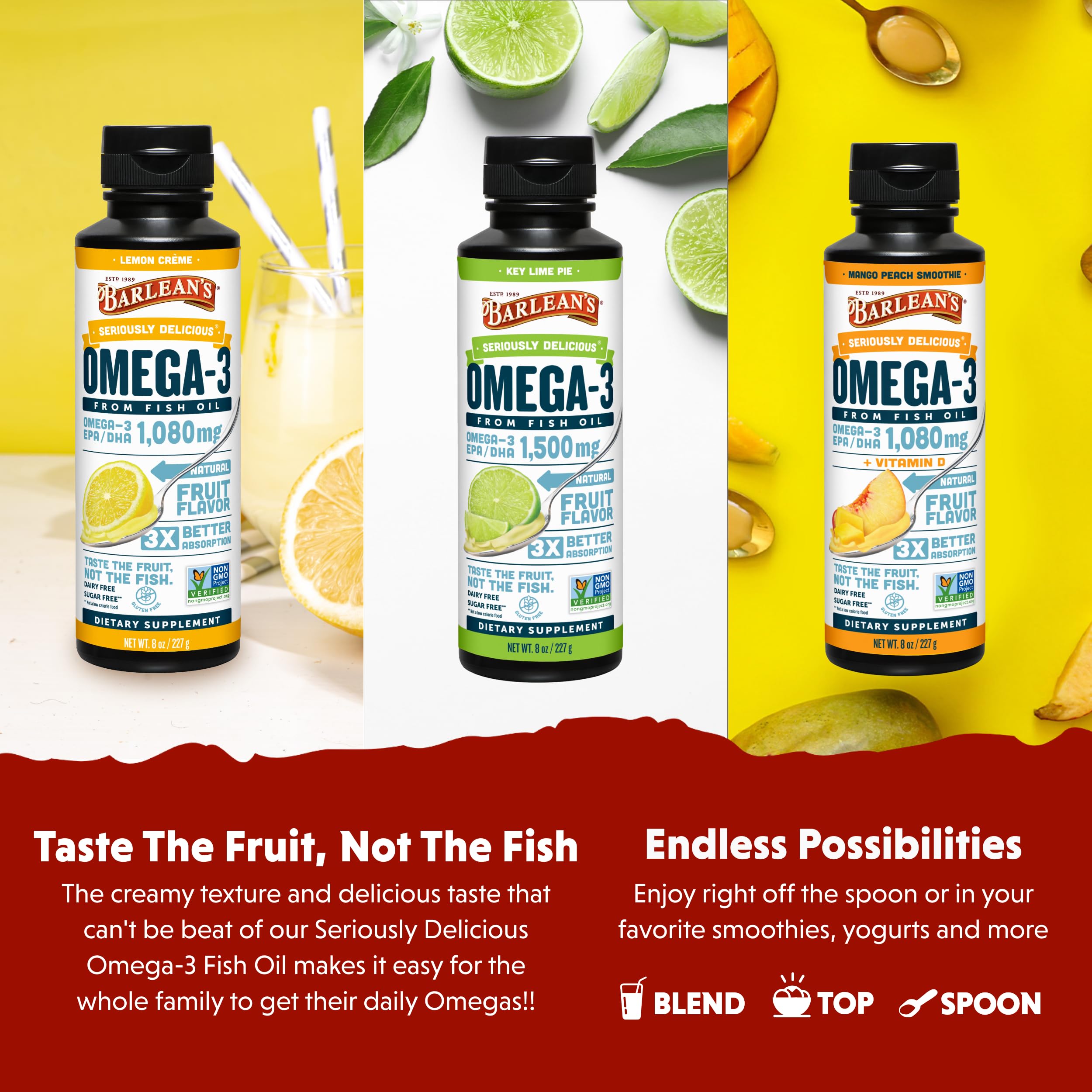 Barlean's Omega-3 lemon creme bottle showcases creamy texture without fishy aftertaste.