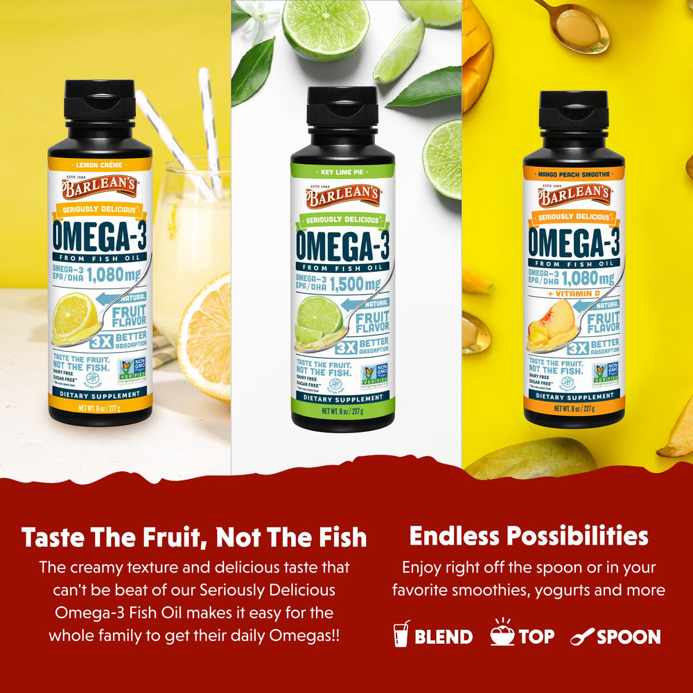 Barlean's Omega-3 lemon creme bottle showcases creamy texture without fishy aftertaste.