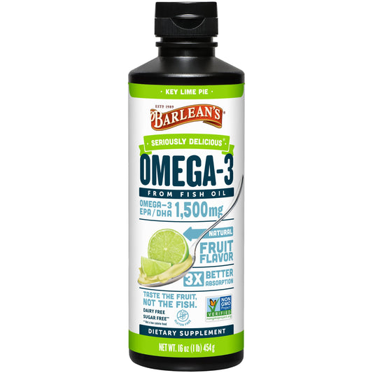 Barlean's Omega-3 liquid bottle showcasing Key Lime Pie flavor for daily brain and heart support