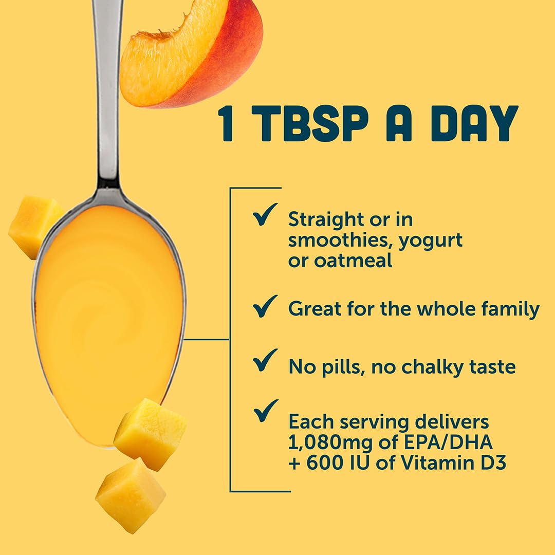 Barlean's Omega 3 Mango Peach poured over yogurt for a tasty boost.