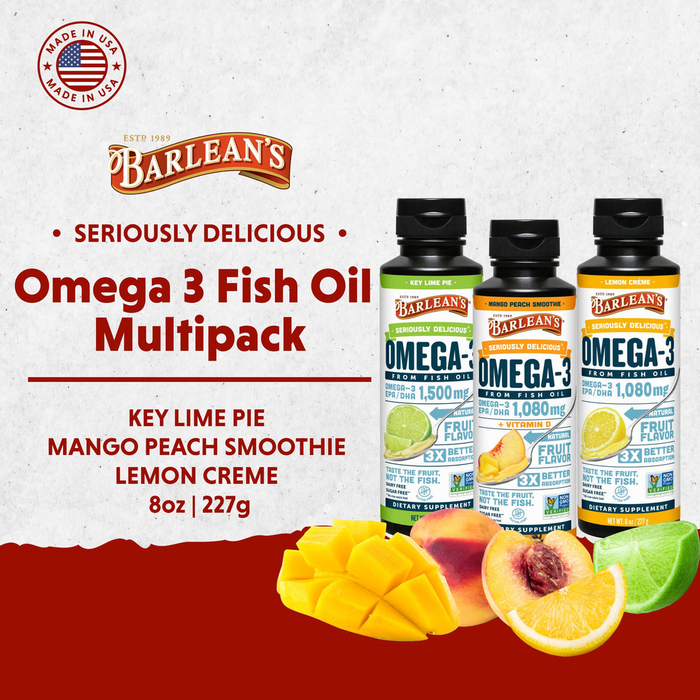 Barlean's Omega-3 mango peach bottle emphasizes tropical taste for smoothies.