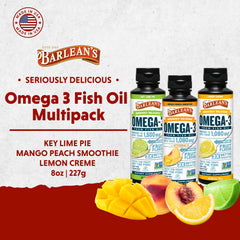 Barlean's Omega-3 mango peach bottle emphasizes tropical taste for smoothies.